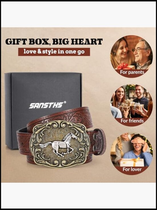 Western Cowboy Belt with Bull Head Buckle, Split Leather